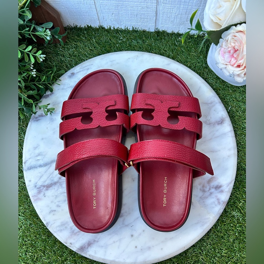 Tory Burch InesRed Leather Double-Strap Logo Slide Sandals - Picture 9 of 16